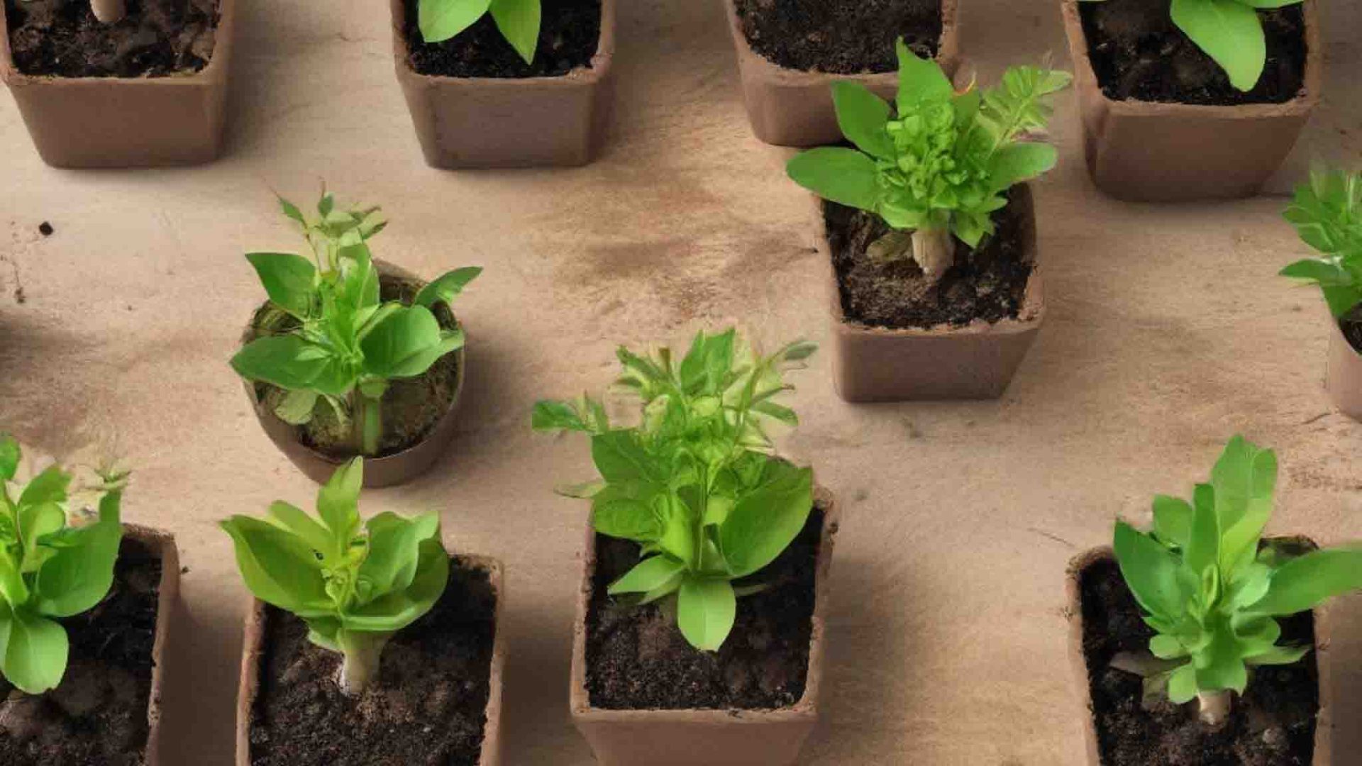 several-small-plants-are-lined-up-table