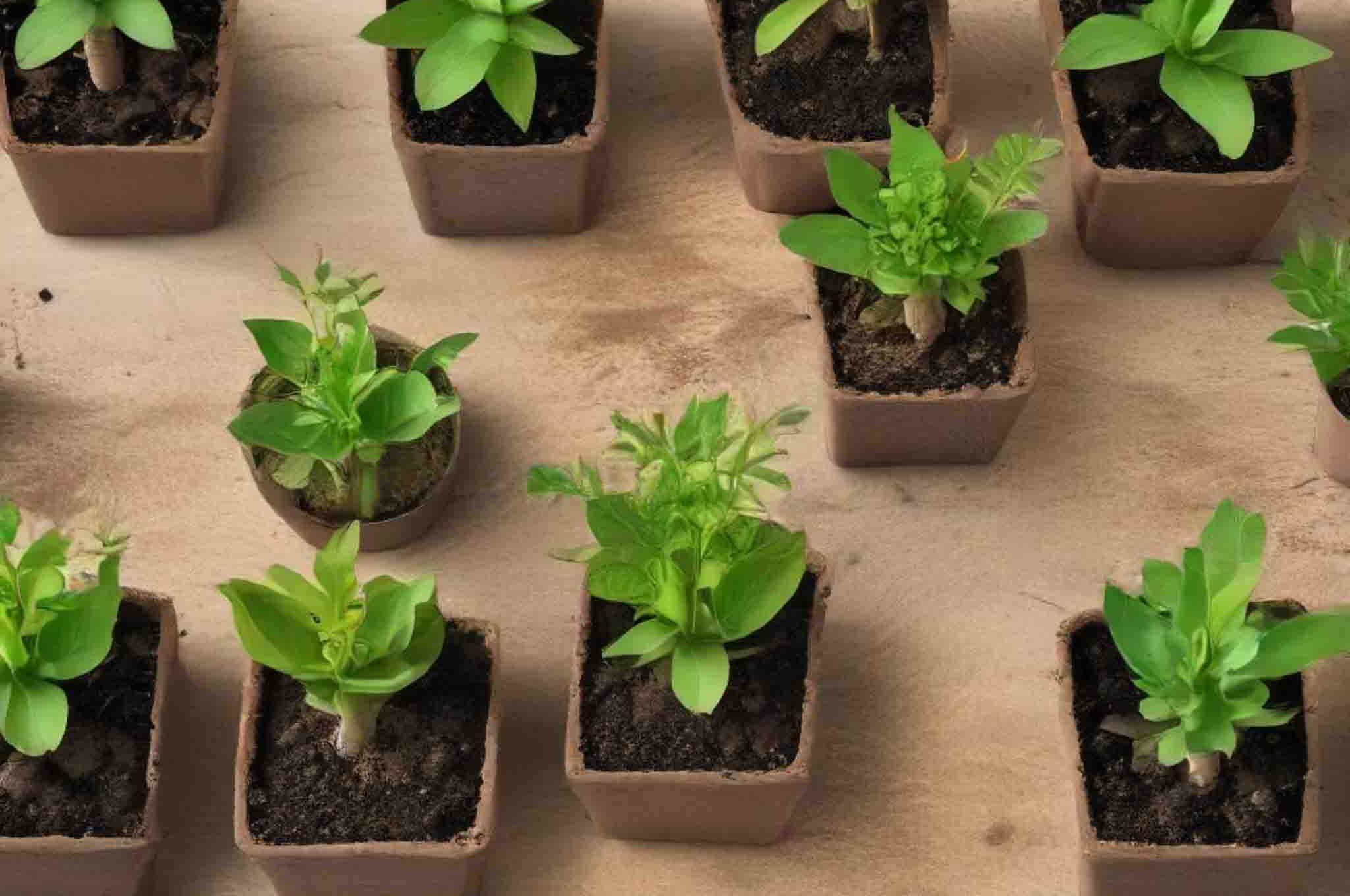 several-small-plants-are-lined-up-table